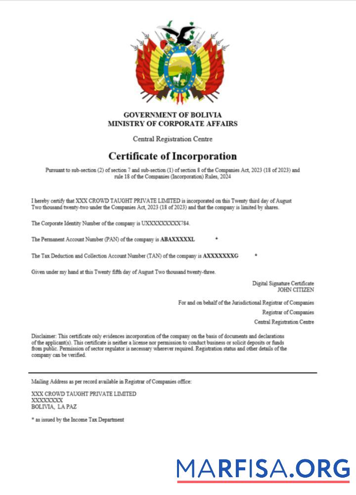 Downloadable Bolivia certificate of registration Word and PDF template